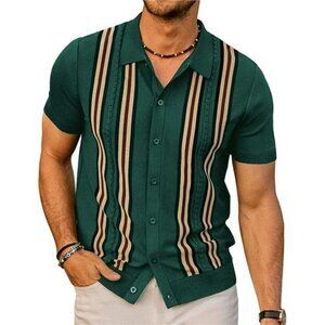 Mens Polo Shirts Vintage Striped Button Down Knitted Golf Shirts